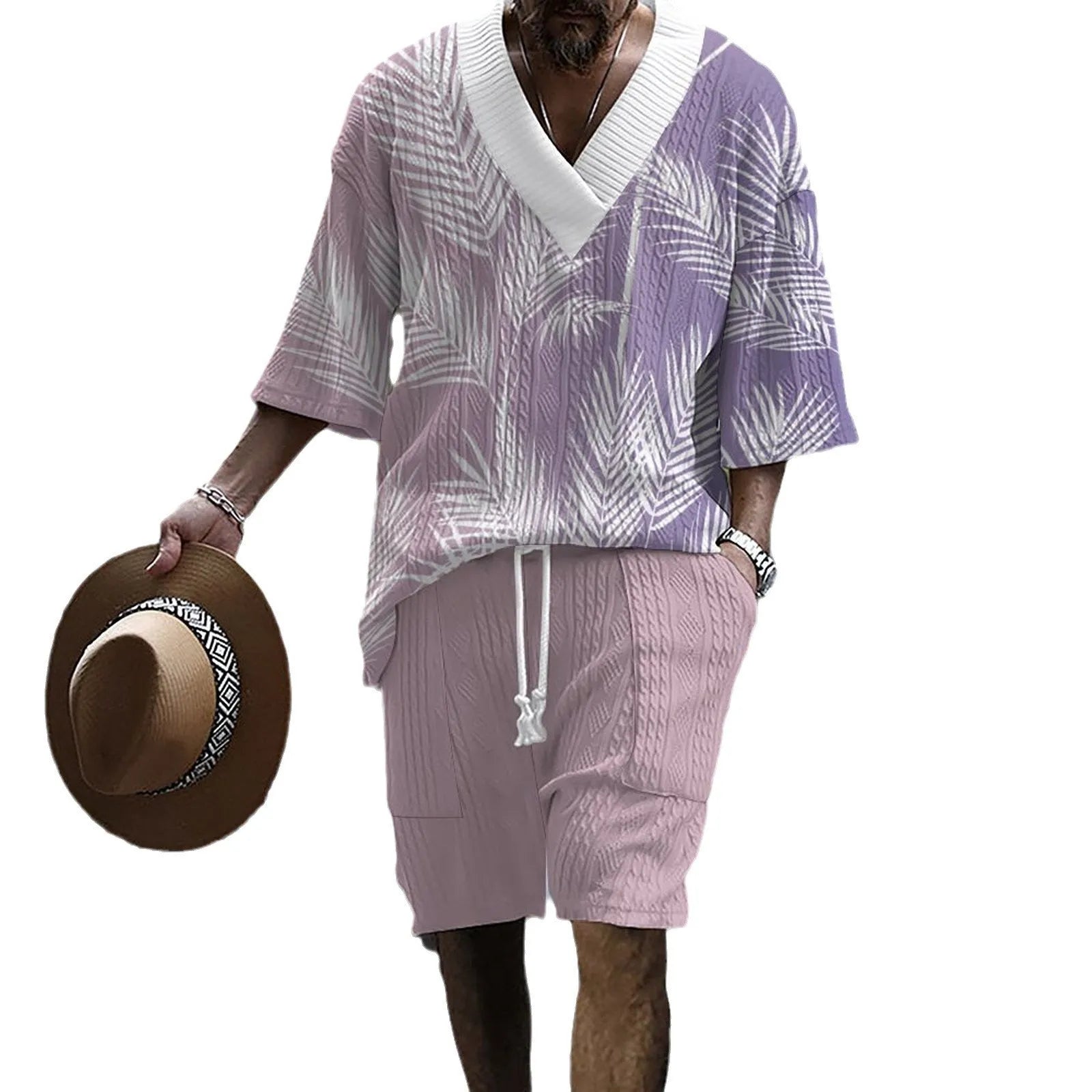Men's printed knitted shorts suit with drop-shoulder short-sleeve top and matching shorts in chemical fibre blend fabric