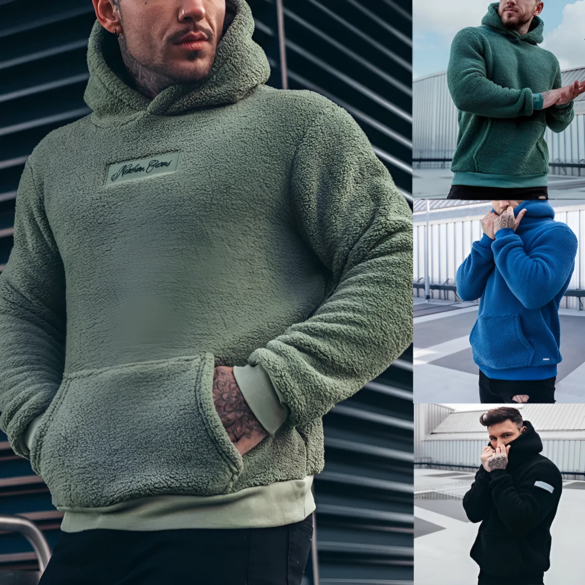 Men's plush cotton hoodie sweatshirt with big front pocket in olive green, contrast colour sleeves