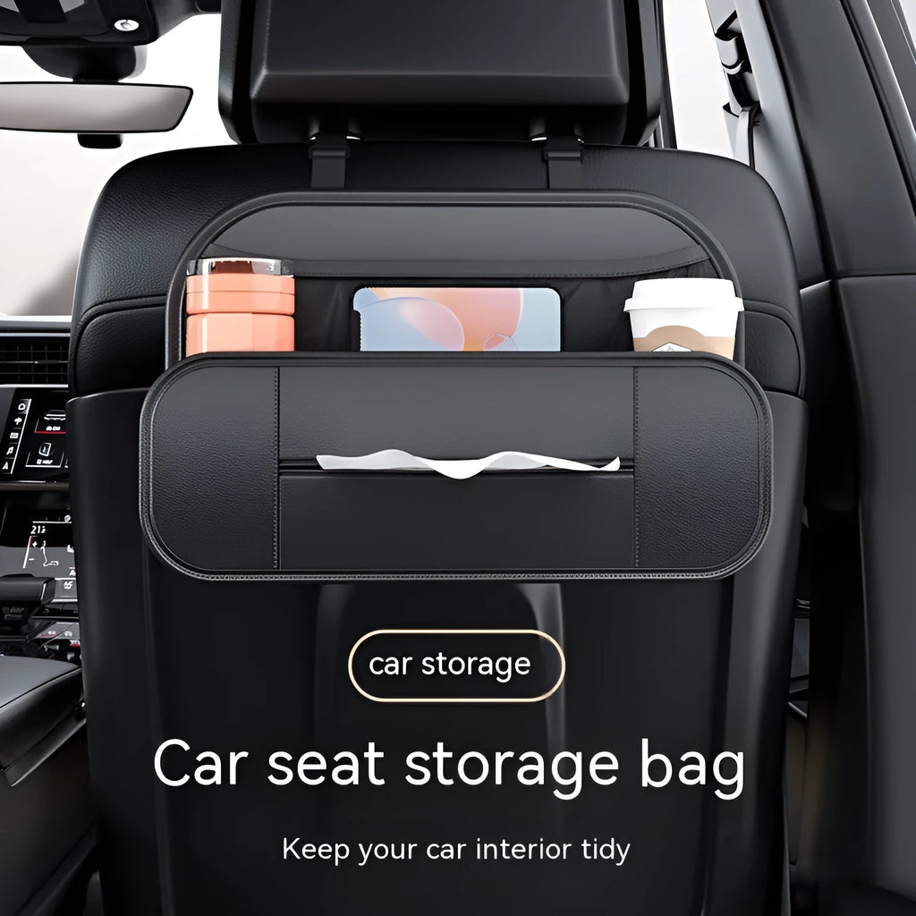 Black leather car seat back storage bag with organisable pockets for vehicle use.