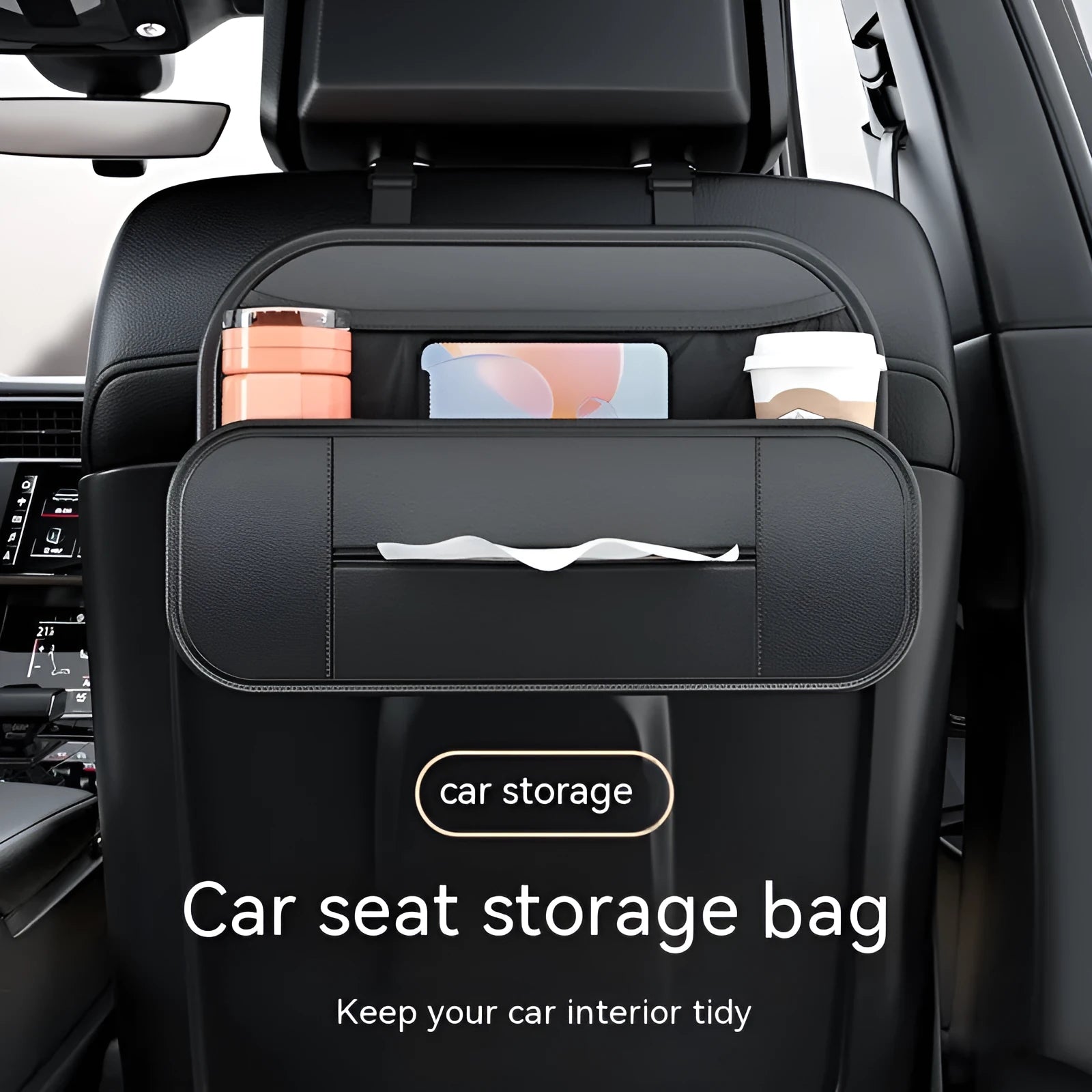 Black leather car seat back storage bag with organisable pockets for vehicle use.