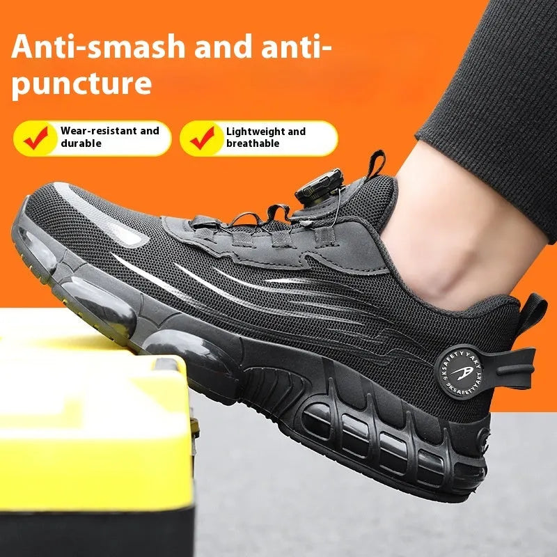 Anti-smash anti-puncture TPU Flyknit mesh work shoes in black and grey, Knob series safety footwear