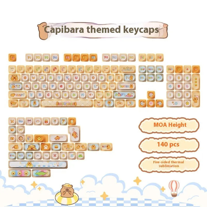 Full set of colourful cartoon pig themed PBT keycaps for mechanical keyboards on a white background.
