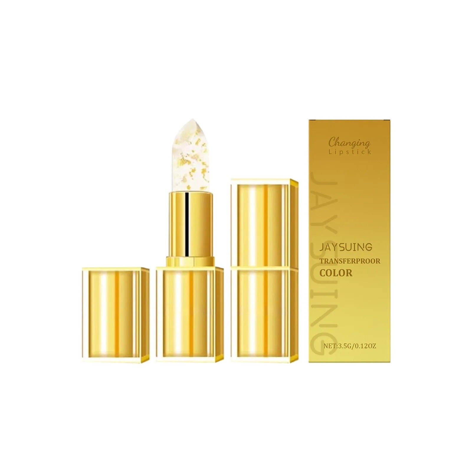 Gold foil packaged nourishing lipstick with 3.5g content containing hyaluronic acid and Vitamin E.