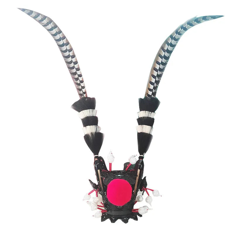 Black and gold crown with long feather plume decoration for mounting on a motorcycle helmet.