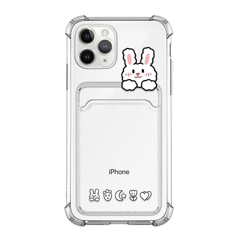 Clear cartoon design TPU phone case with integrated card slot for iPhone, showing BQ2472 colour option.