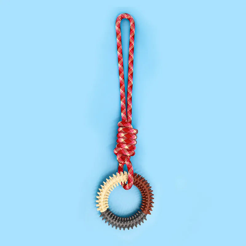 Colourful blue braided rope dog toy with multiple knots, shown on a plain background.