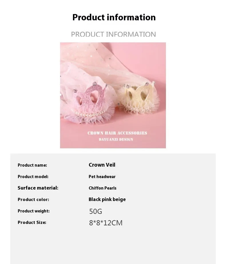 Pet wedding princess crown headdress for cats with beige and pink crown veil options