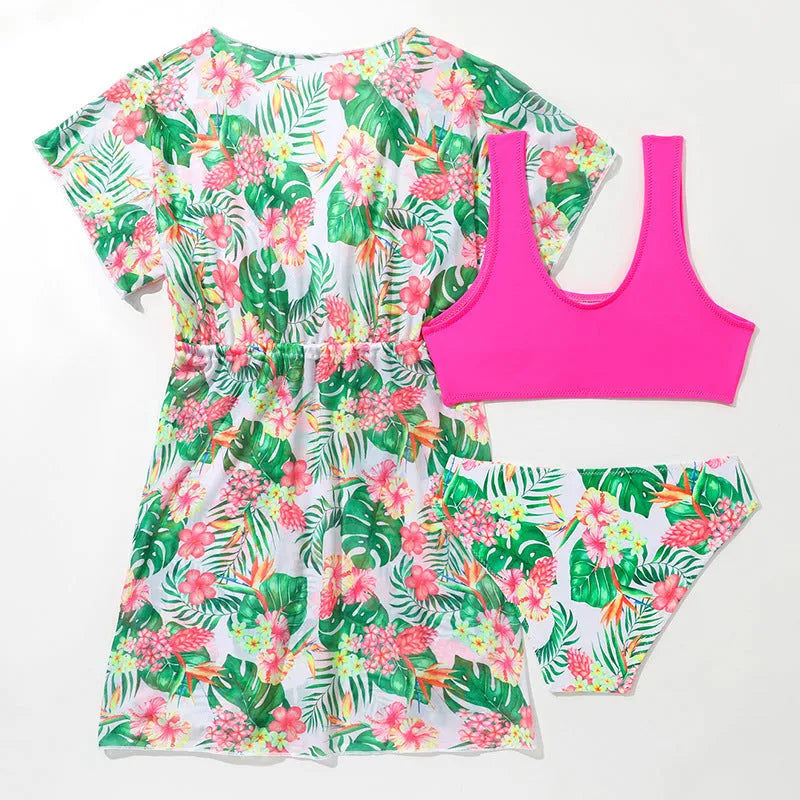 Girls' two-piece swimsuit with Korean floral patterns and briefs design in polyester fabric