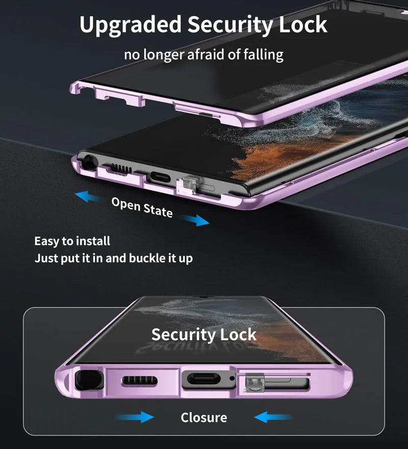 Metal magnetic phone case with peep-proof mirror for Samsung S24 Ultra in black colour.