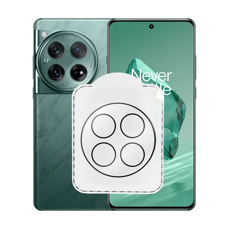 OnePlus tempered glass lens protector with black ring design for 12, Find N3, and 11 models.
