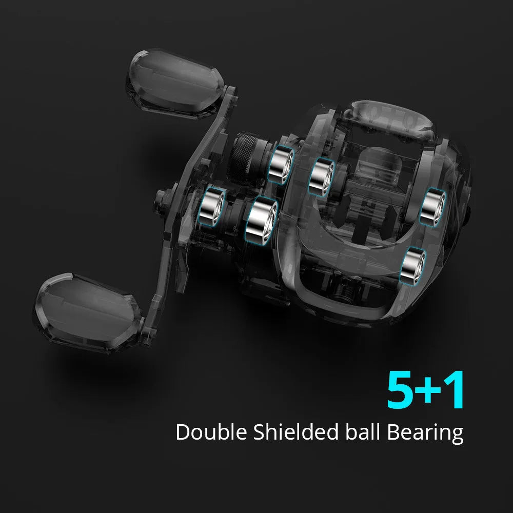 Drip Wheel fishing reel with left or right hand wheel configuration and rocking wheel line management system