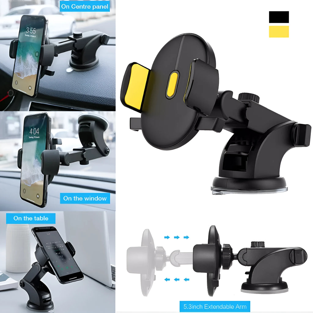 Yellow and black telescopic car phone holder with suction cup mounted on dashboard showing 360-degree rotation