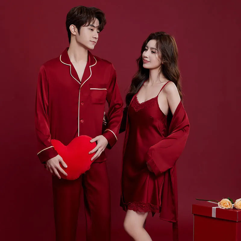 Matching red men's and women's pyjama set with long sleeves and trousers, wedding dowry sleepwear