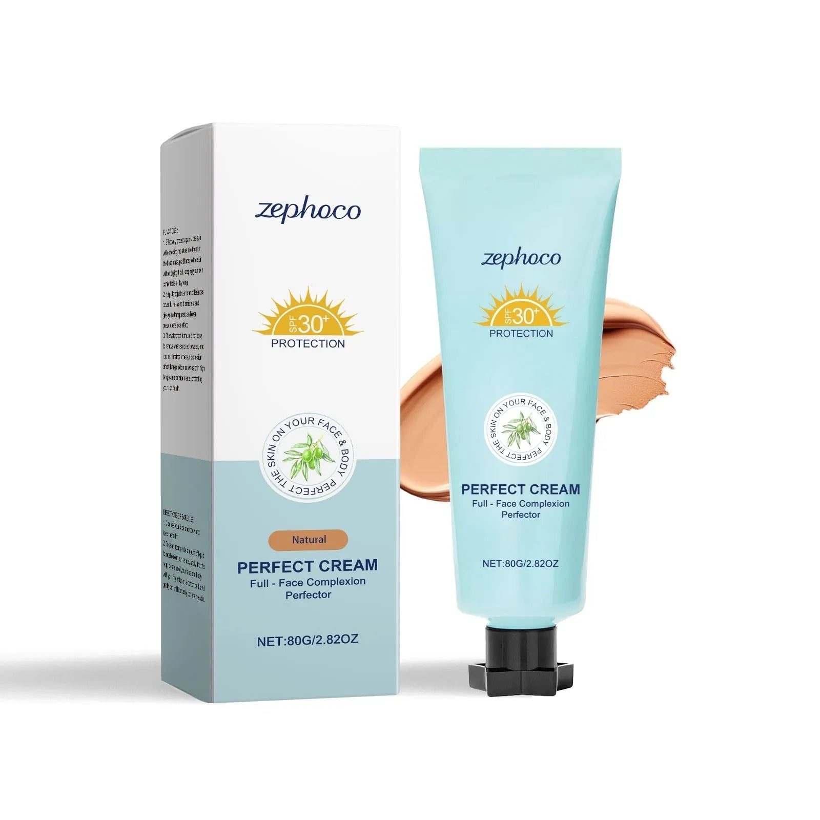 30ml bottle of Curdling Sunscreen Liquid Foundation in a box showing shade options: Dark Skin, Ivory White, Natural Color.