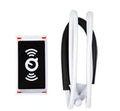 White universal neck phone holder with 360-degree rotating clamp on a table