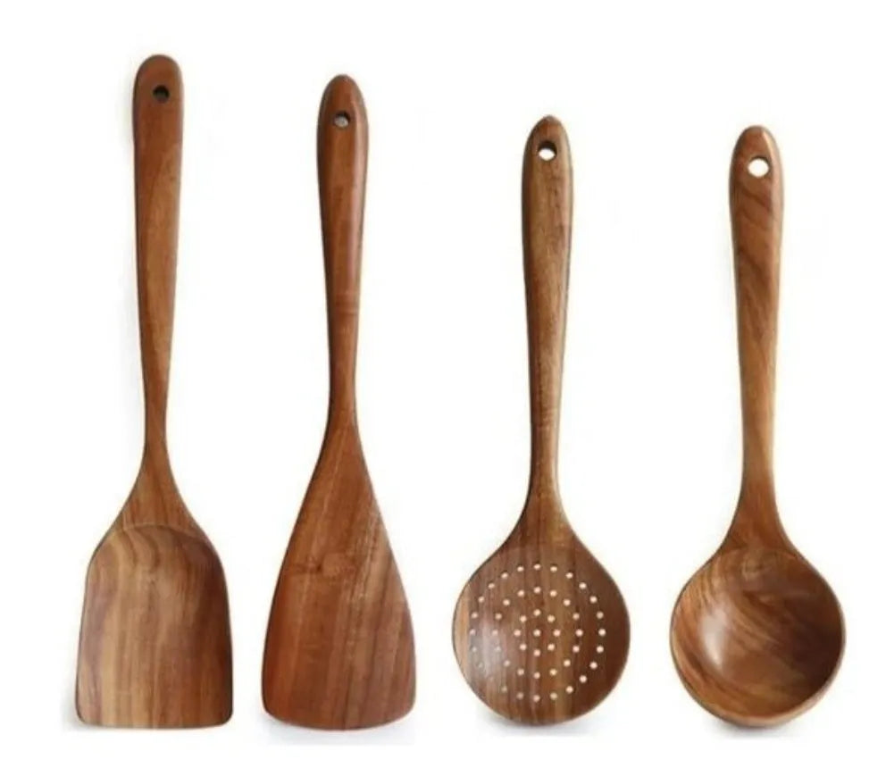 Teak wood kitchenware set with six cooking utensils including frying shovel and soup spoons