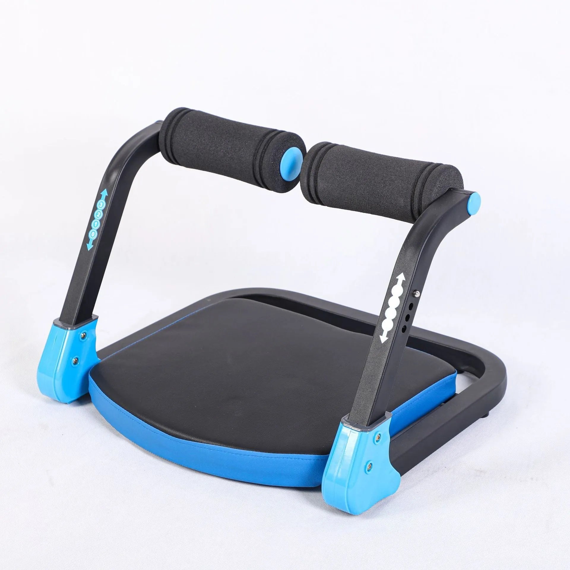 Sky blue and red mini multifunctional abdominal exercise device for home, office, and outdoor core workouts.