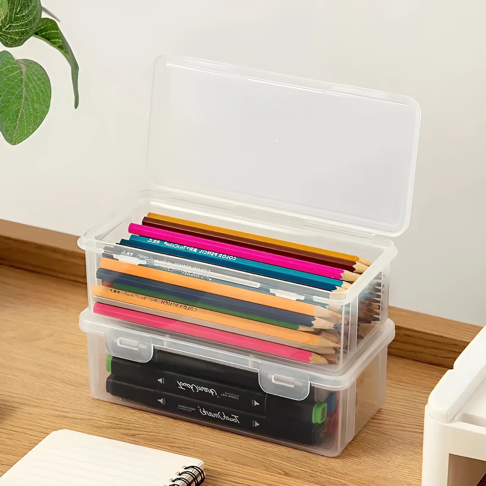 Transparent plastic stationery storage box for pencils and art supplies