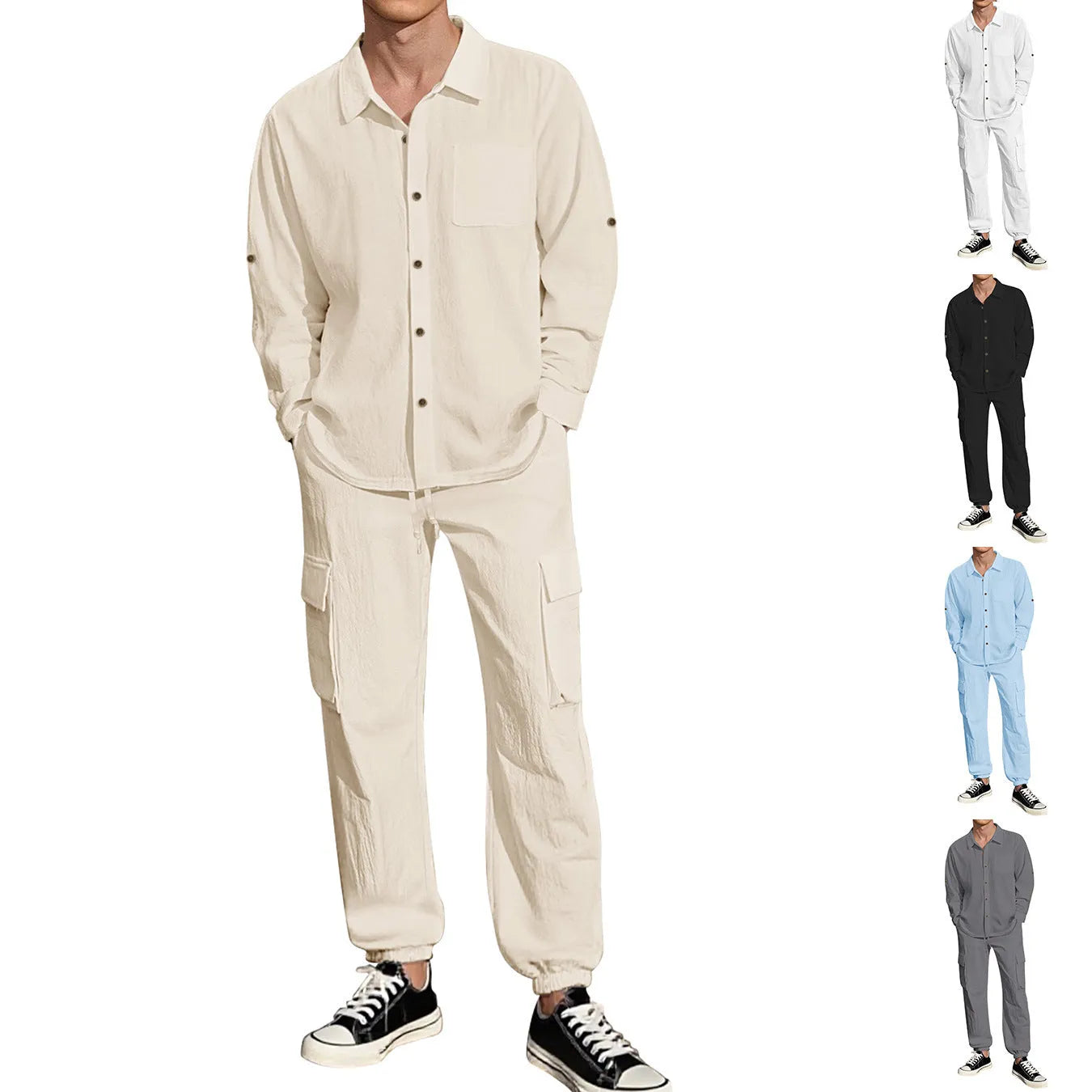 Long sleeve lapel linen shirt and trousers suit set for women in apricot colour on white background