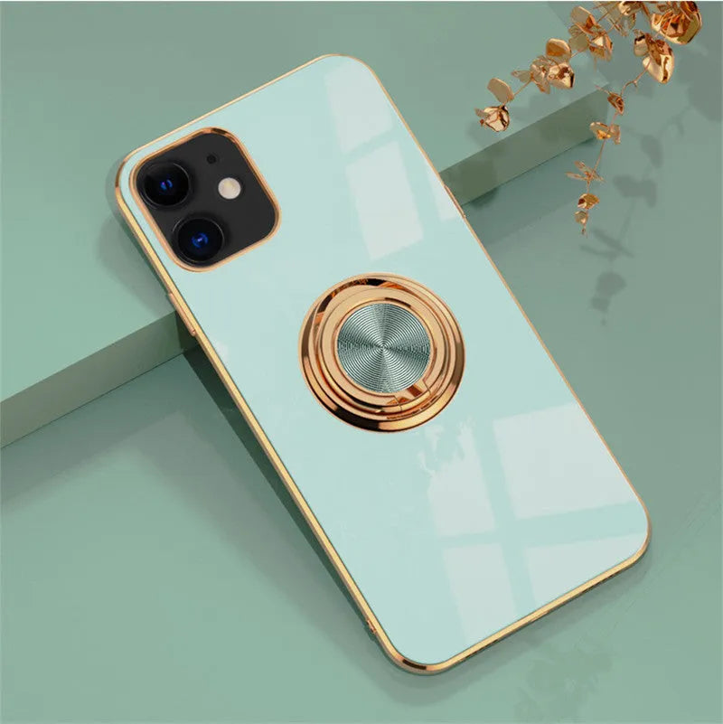 Silicone plating phone case for iPhone in various colours including milk tea, black, and light purple.