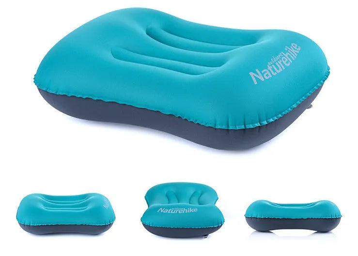 Travel portable inflatable pillow in peacock blue with new air mouth and soft fabric pillowcase for camping