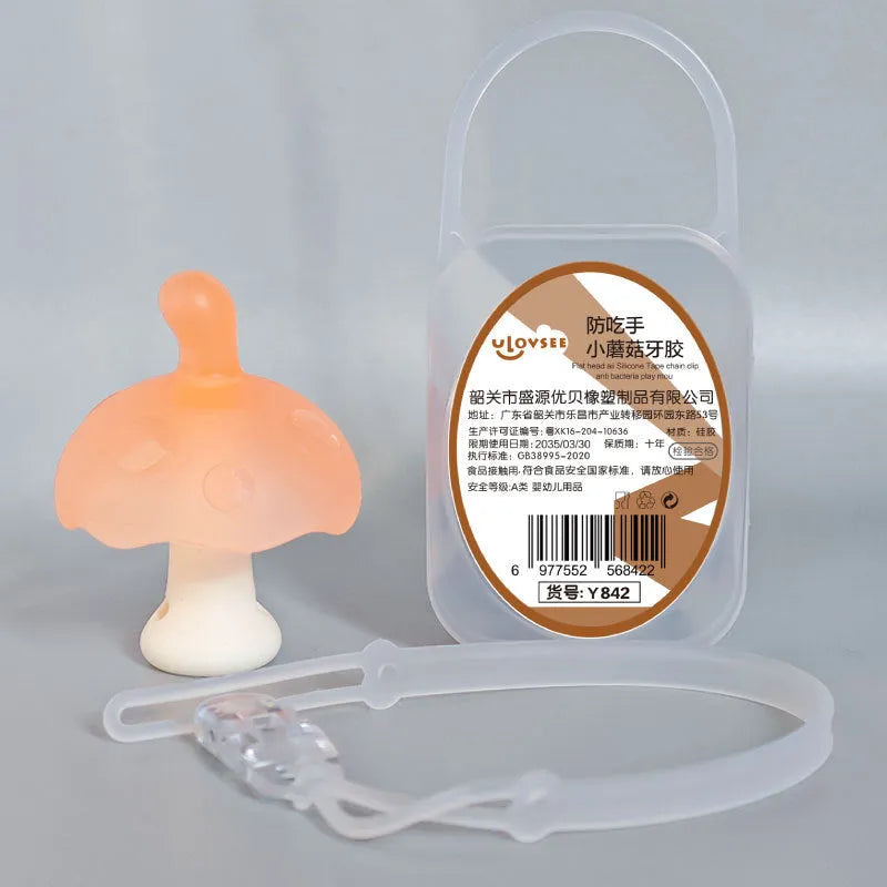 Small mushroom-shaped chewing gum in pink or nano colour with transparent box and optional chain.