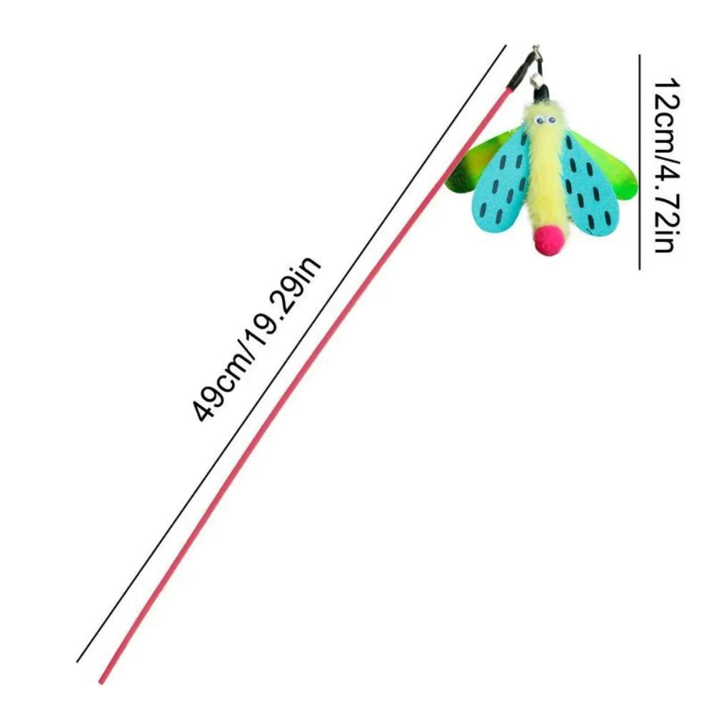 Blue cat wand toy with a dragonfly-shaped attachment and bell on a 49cm stick