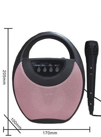 Portable Bluetooth speaker in black, blue, or pink colours with USB port and SD card slot visible