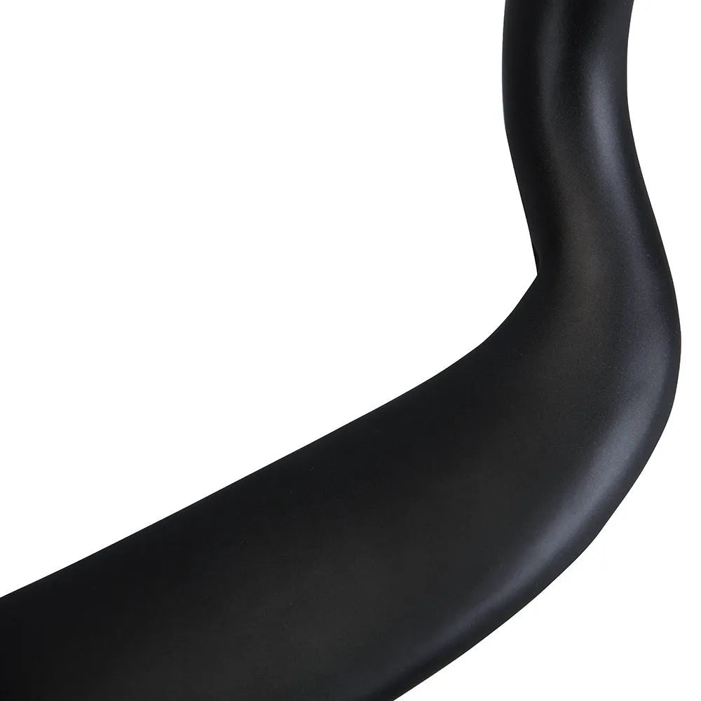 Black carbon fibre road bicycle handlebars showing large swing angle design