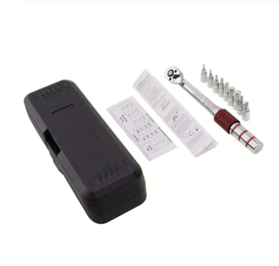 Metric torque wrench set with steel handle, 1/4 inch square drive head, and embossed scale