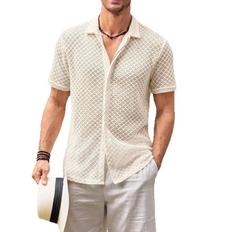 Men's short sleeve lapel cardigan shirt in cotton blend fabric