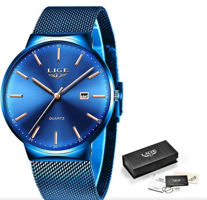 Men's stainless steel watch with 40mm dial on 24cm strap in black, blue, or black blue colours