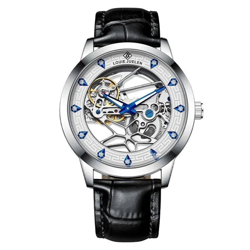 Men's silver case mechanical watch with white dial, blue hands, black leather strap, and stainless steel buckle
