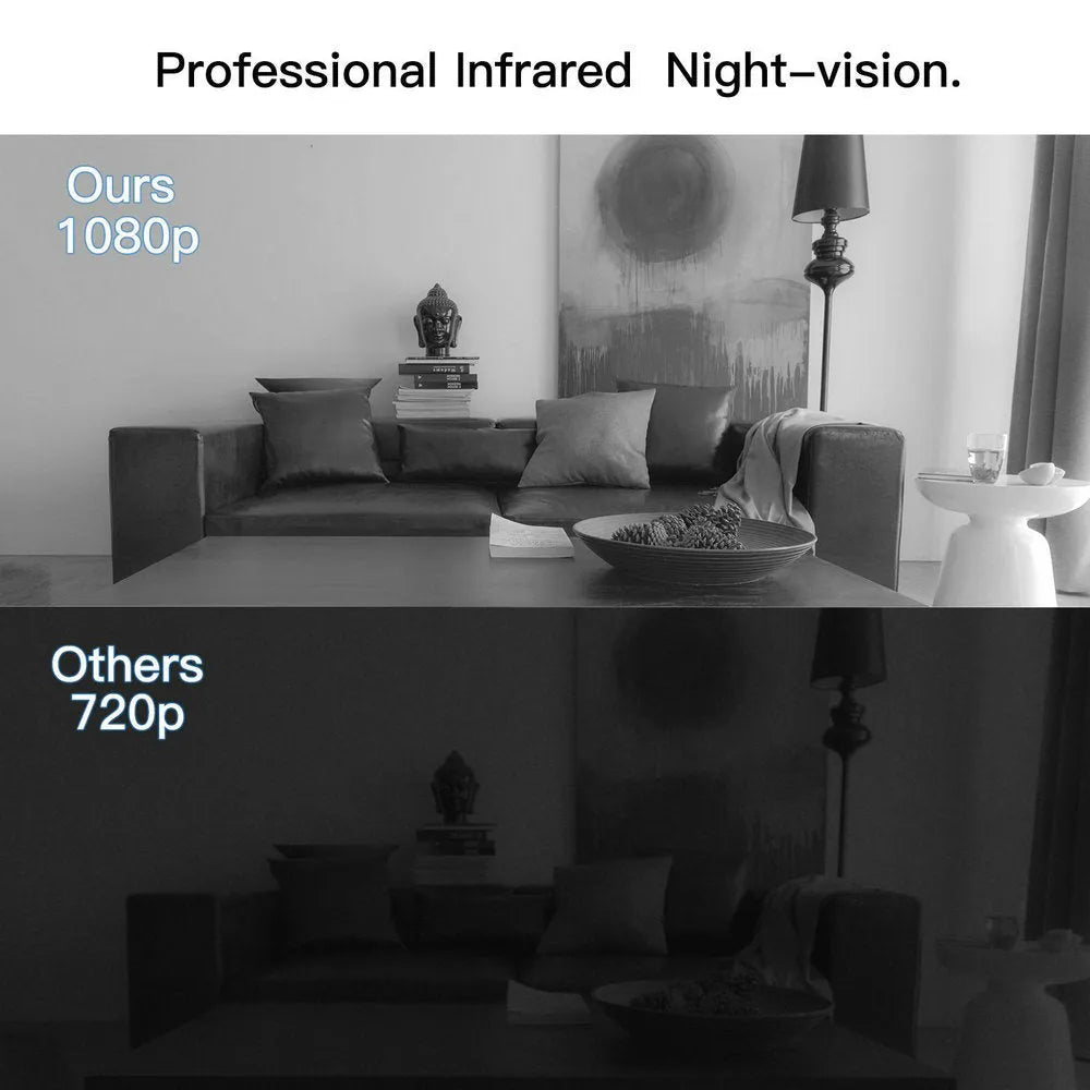 Black 1080p HD home camera with night vision and 90-degree rotation capability