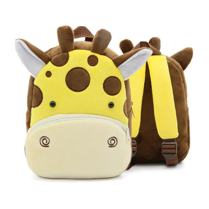 Plush animal backpack for children with zipper closure measuring 26x24x10cm