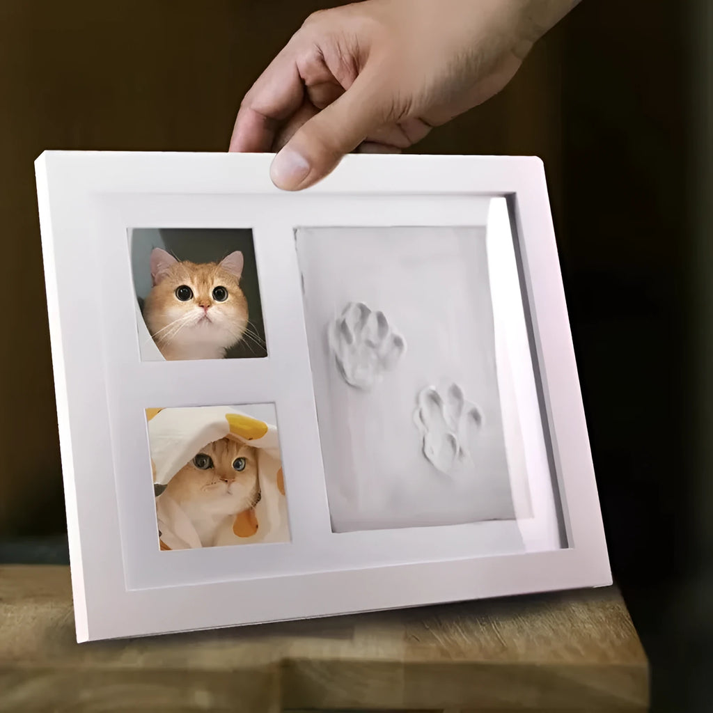 Black and white pet paw print photo frame with plaster moulding kit for DIY commemorative keepsakes