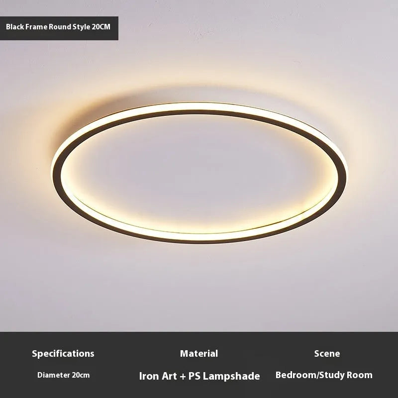 Minimalist circular LED ceiling lamp in black, gold, or white finish with dimming control