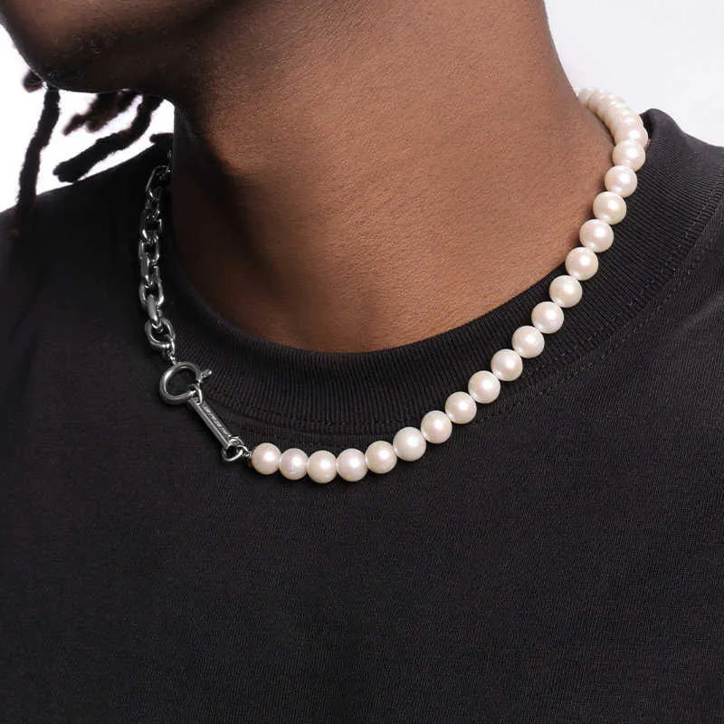 Unisex natural pearl necklace with titanium steel, white pearls 8mm width, 45cm or 50cm length