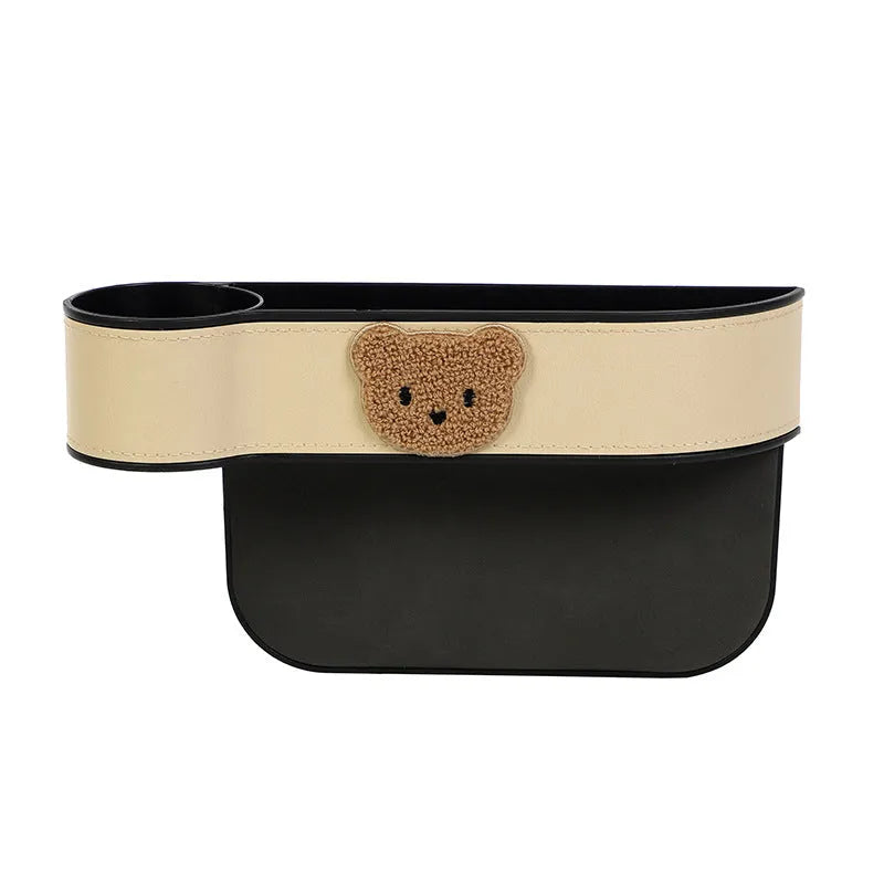 Leather car seat gap storage box with cartoon bear design options for co-pilot or main driving position.