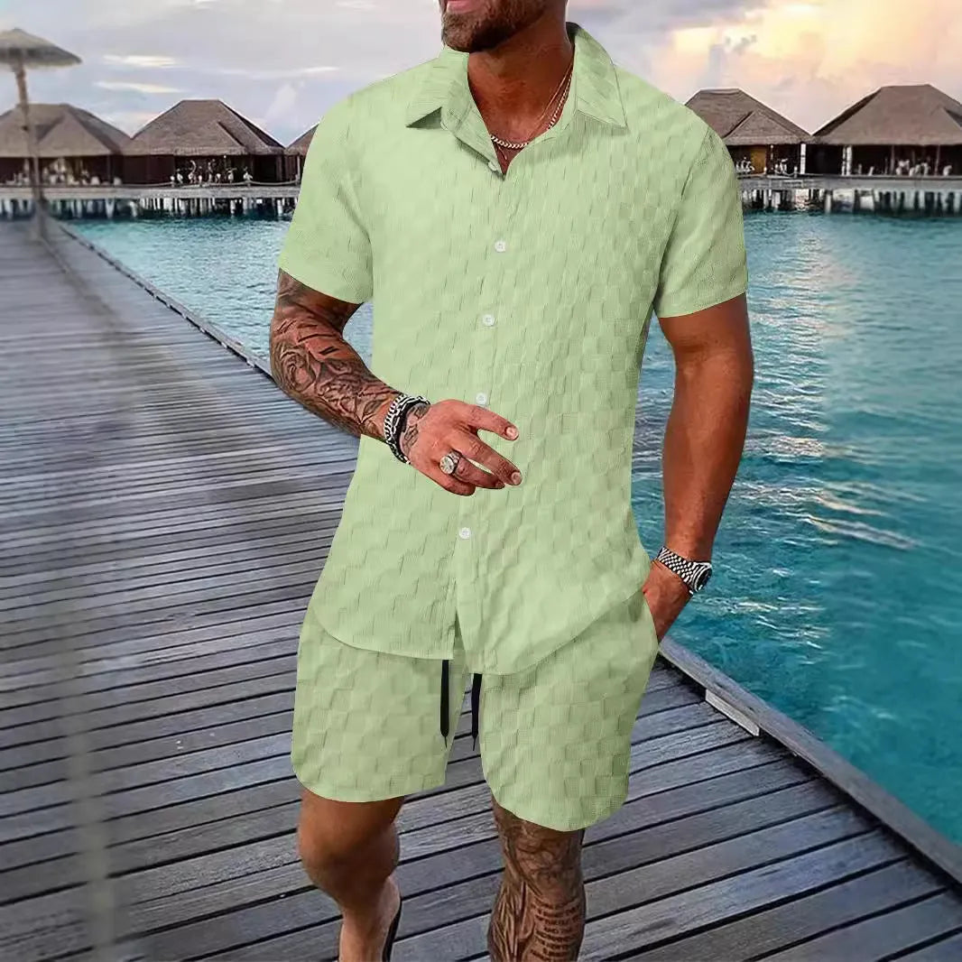 Men's chemical fibre shirt casual suit with short sleeve top and shorts in beige colour