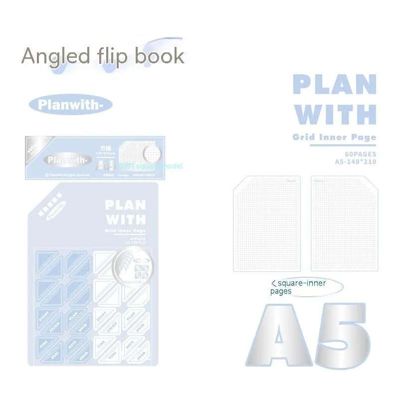 Oblique Angle Salt Series A5 and B5 notebook with white or plaid blue cover, open to show unlined pages.