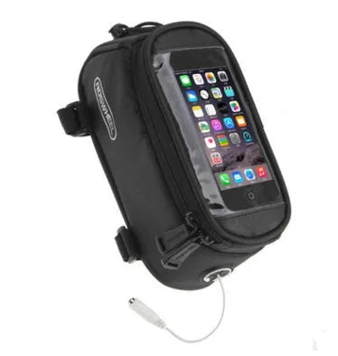 ROSWHEEL PVC bicycle frame phone bag in black mounted on bike frame showing iPhone compatibility