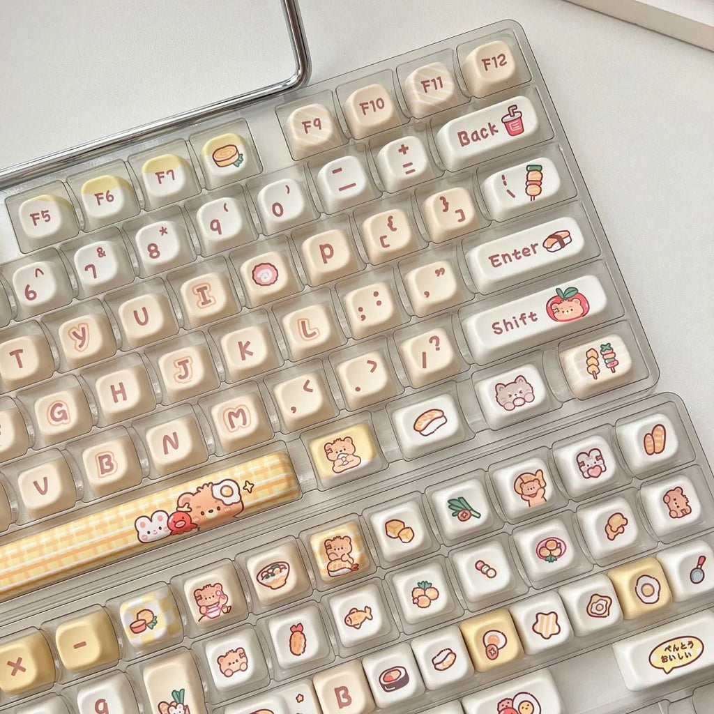 Rabbit bear restaurant themed PBT keycap set with 140 pieces in EOA height profile