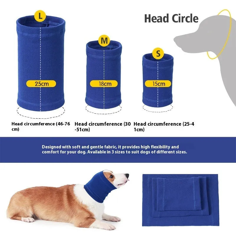 Blue polyester dog headband scarf shown on a model dog, with grey colour option and S/M/L size labels visible.
