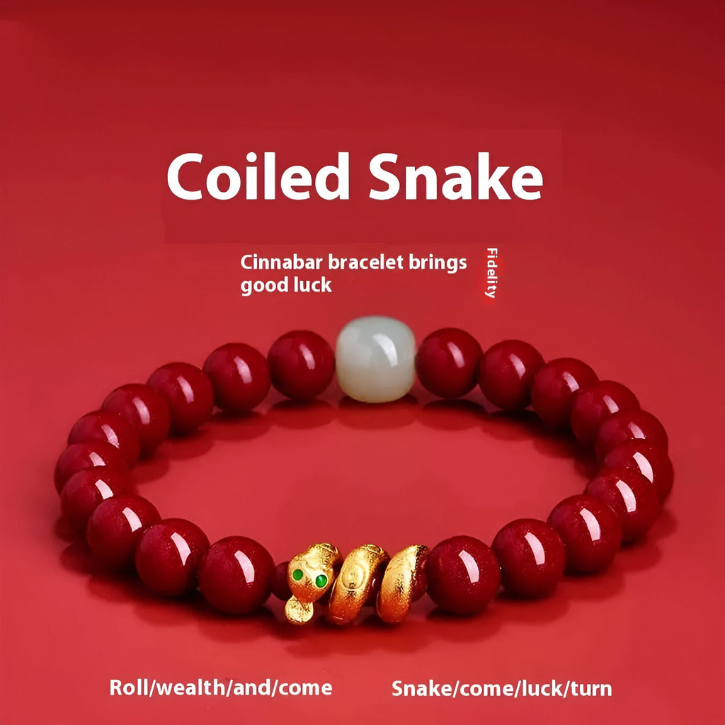 Handmade Chinese snake year cinnabar bracelet with snake beads in traditional zodiac design