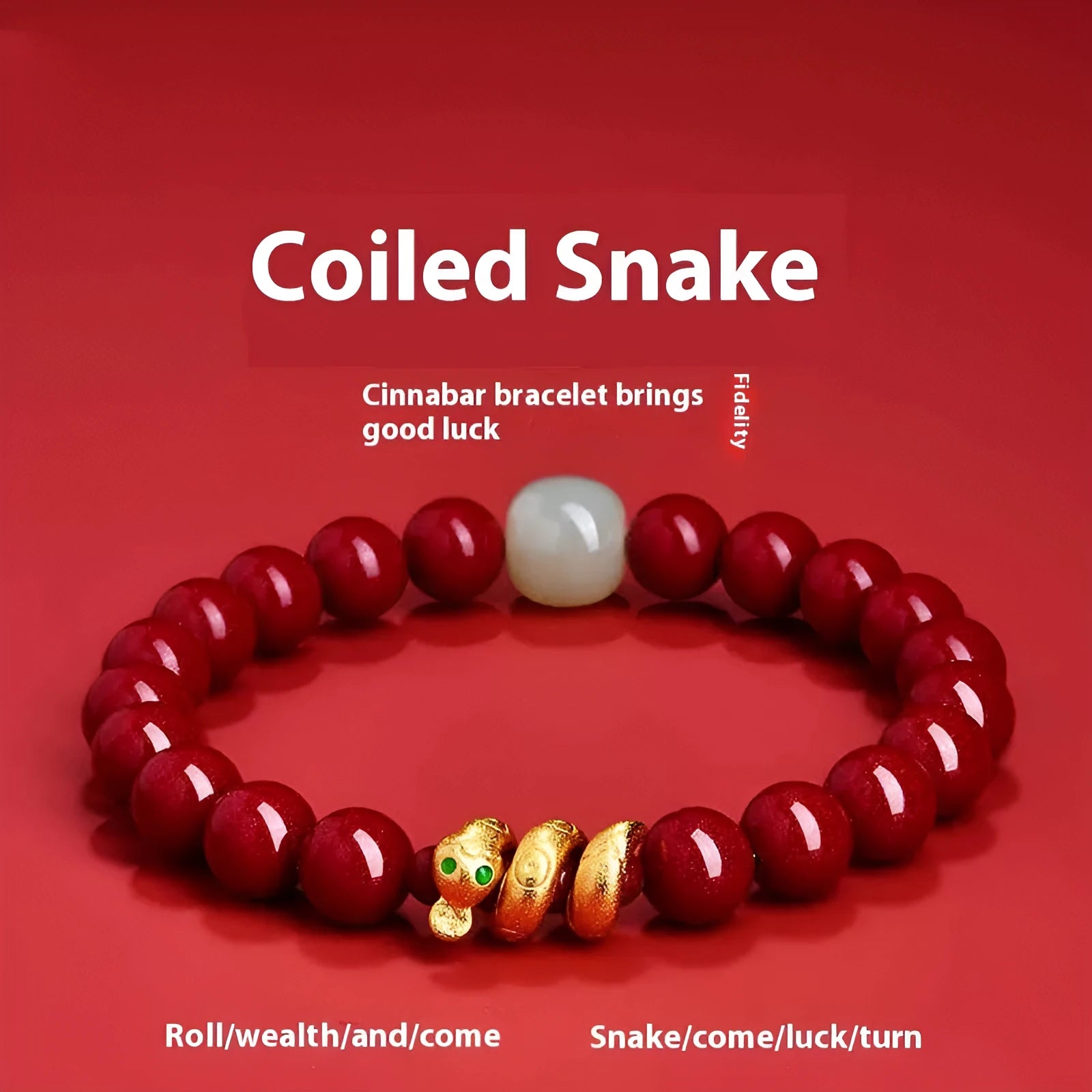 Handmade Chinese snake year cinnabar bracelet with snake beads in traditional zodiac design