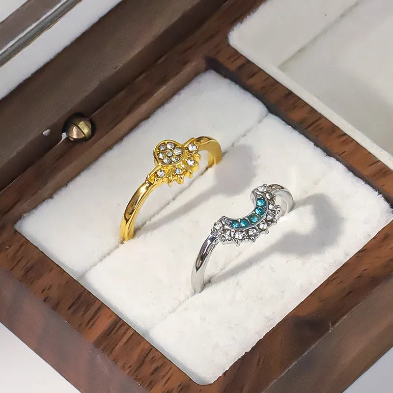 Sun and moon diamond-studded alloy couple ring set with geometric shape for lovers