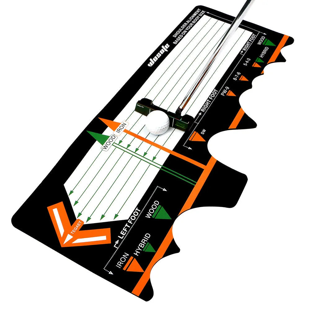 Black neoprene golf swing stance correction pad with positioning markings for alignment practice