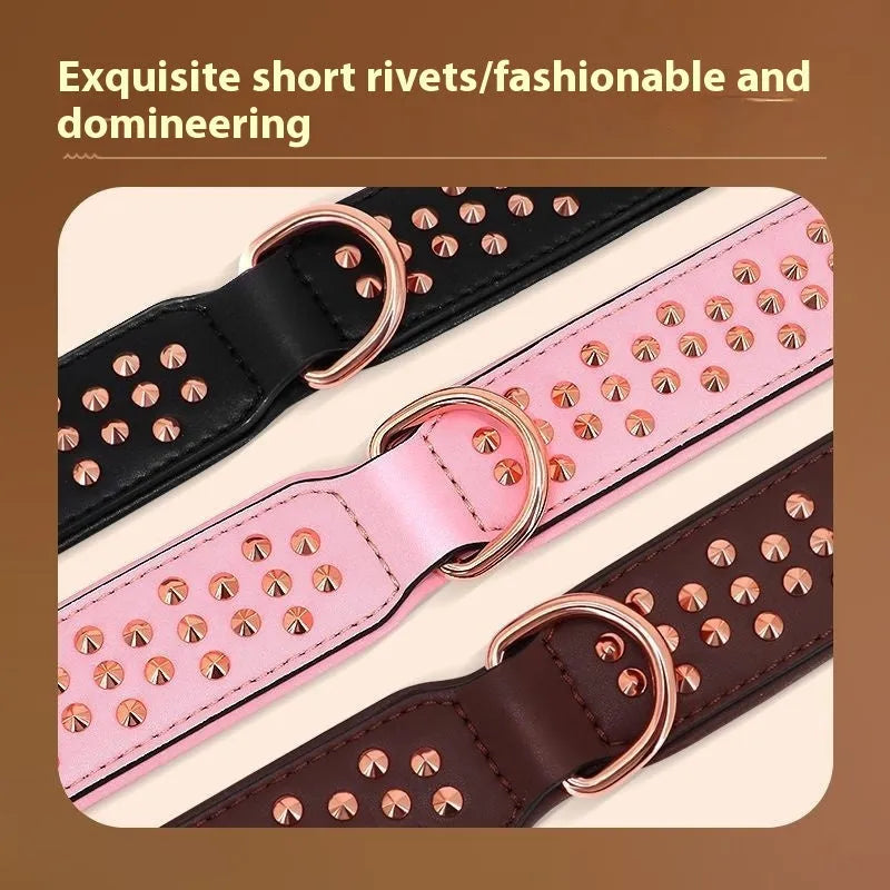Leather dog collar with metal rivets, adjustable buckle, and D-ring in black, chocolate, or pink.
