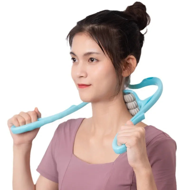 Blue plastic manual massager with six rotating wheels for neck, shoulder, and waist
